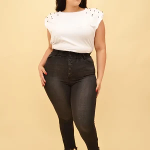 JEANS SKINNY NEGRO DESLAVADO CON BOTONES