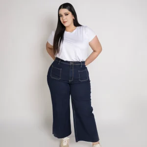 Jeans Wide Corto Con Bolsas Al Frente