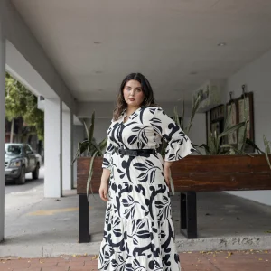 Vestido Estampado Cinto Manga 3/4